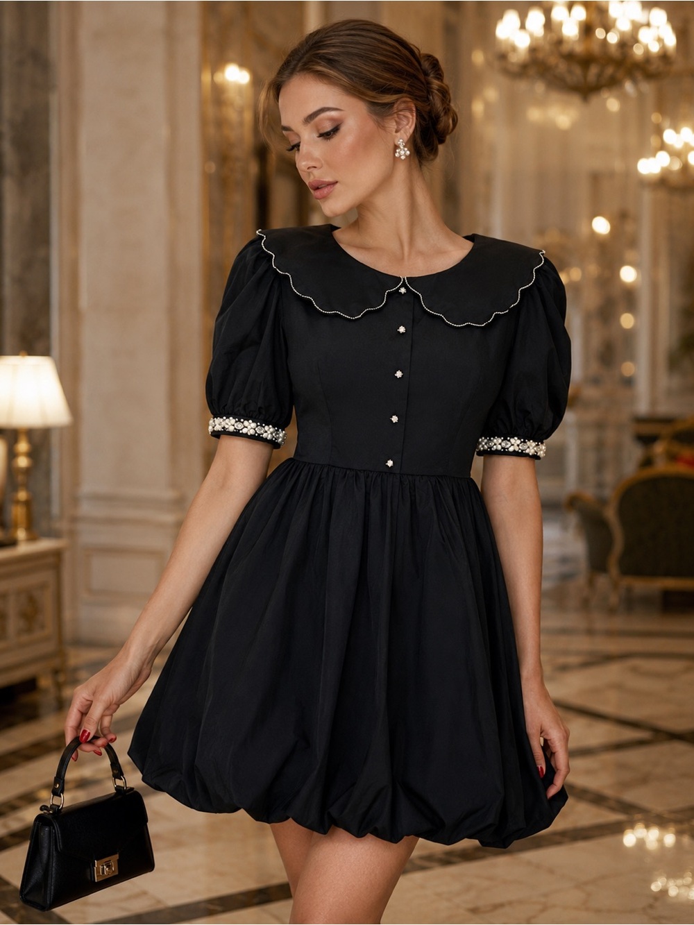 Rare JORYA Black Embellished Mini Dress Pearl Crystal Bow Puff Sleeve Size 4